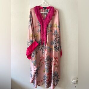 Pink abaya or kuftan or dress with design and fringe detailing on collar